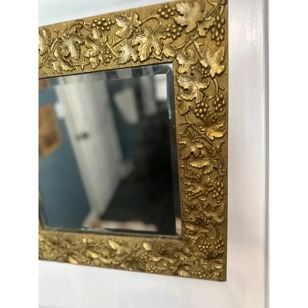 Vintage Square Wall Mirror Gold Gild Repousse’ Frame Ornate Vine & Fruit Motiff